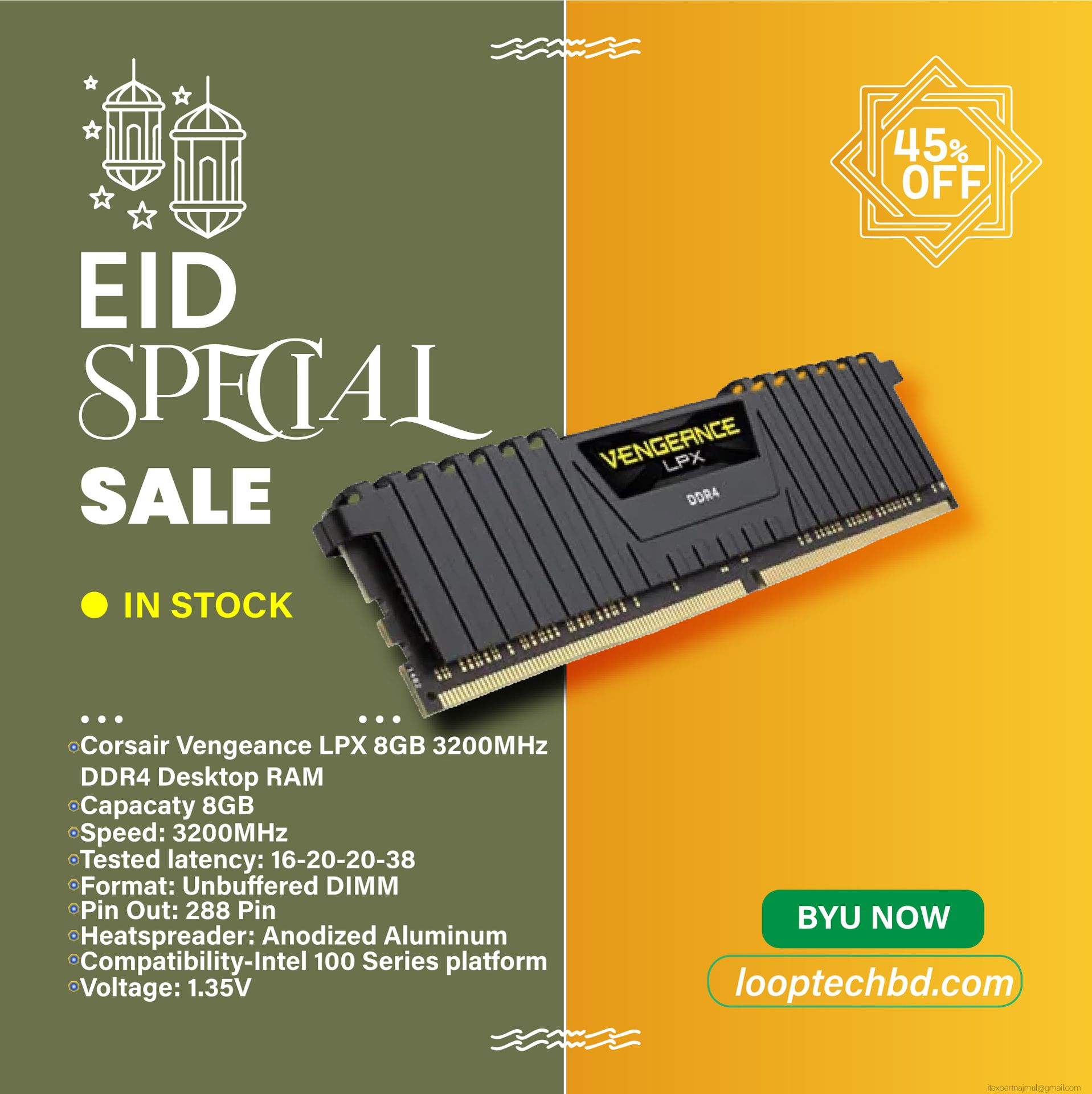 Corsair Vengeance LPX 8GB 3200MHz DDR4 Desktop RAM Key Features Corsair Vengeance LPX 8GB 3200MHz DDR4 Desktop RAM Model: Vengeance LPX 8GB Capacity 8GB Speed: 3200MHz Tested Latency: 16-20-20-38 Voltage: 1.35V